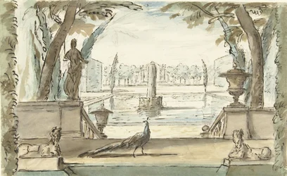 View in a Garden with a Pond, a Fountain, and a Peacock