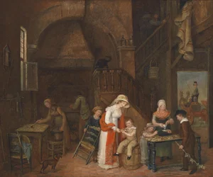 Visit to the Cake Baker, (on the table) indistinctly signed, dated M. E. De Latour 1822