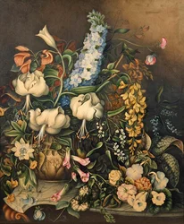 Flowers in a Vase on a Marble-Topped Console Table