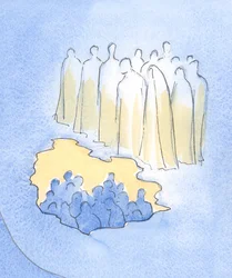 Christ and his saints in heaven look down with great tenderness upon his friends on earth who meditate on his Passion