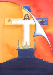 Jesus is Present with us at Mass, praying to the Father on our behalf, for help in our needs, and for eternal salvation. We can unite all our prayers with his great sacrificial prayer