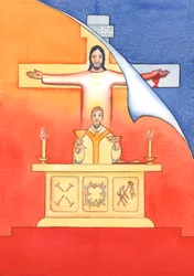 Jesus is Present with us at Mass, praying to the Father on our behalf, for help in our needs, and for eternal salvation. We can unite all our prayers with his great sacrificial prayer