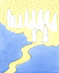 The blessed soul who has persevered to the end, in love of Christ and her neighbour, is led by the hand by Christ, to meet the Heavenly friends who are gathered to welcome her into their company