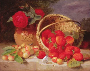 Still life of basket with strawberries and cherries, 1898