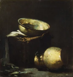 Still Life with Copper Pots and Black Fish