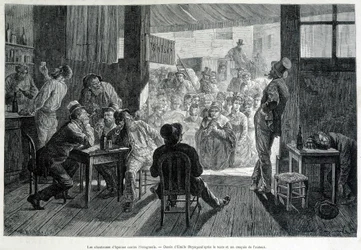 A group of women in front of a bar, forbidden to women, singing hymns to drunks against alcoholism