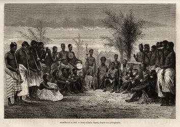 Amadifou, king of Assinie, surrounds his court and his musicians, circa 1868, engraving after the drawing by Emile Bayard, illustrating the voyage to the Côte d