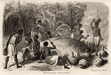 Degustation of the pombe (alcoholic beverage by fermentation), in the Karague (west of Lake Victoria, in present-day Zimbabwe), drawing by Emile Bayard, illustrating Captain Speke