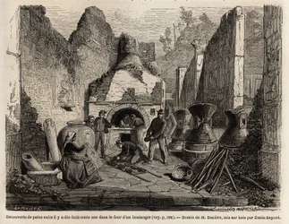 Discovered by a bakery oven and preserved bread in ash during the excavations of 1864 in Pompei, drawing by Emile Bayard, to illustrate Marc Monnier