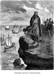 Emperor Charlemagne watching the arrival of Norman ships on the French coast - Viking ships and warriors - drakkar, Scandinavian navigation, Nordic invasion - engraving illustrating “The history of popular France by Henri Martin”