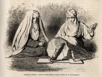 Women of Bukhara (Uzbekistan), working on their work to spun, engraving after a drawing by Emile Bayard, to illustrate Basile Vereschaguine