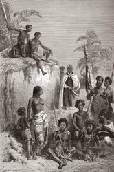 Hawaiian King Kamehameha I and his warriors, illustration from 