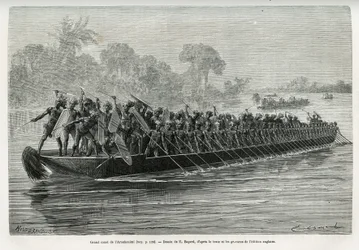 Large canoe of the Arouhouimi on the Livingstone River (Drawing by Emile Bayard)