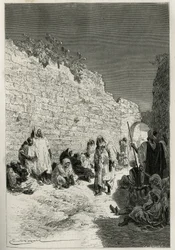 Pending the audience of the sultan, a group of people in the streets of Fes (Engraving by Emile Bayard)