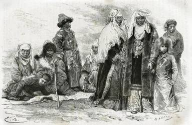 Poor and rich Kyrgyz women. Engraving by Emile Bayard, to illustrate travel impressions from Orenburg to Samarkand, by Marie de Ujfalvy-Bourdon, between 1876 and 1878, in the Tour du monde, directed by Edouard Charton