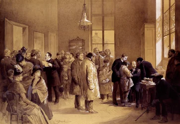 Rabies vaccination: Louis Pasteur (1822-1895) appealed to the fans while Dr. Gaucher vaccinated a Russian child, Joseph Meister, against rabies on 6/07/1885 in a laboratory on Ulm Street. Prints by Emile Bayard (1837-1891) 1886 Paris, Musee Pasteur