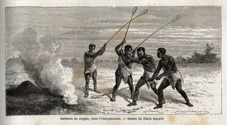 Sorghum drummers in the Ounyamouezi (Drawing by Emile Bayard)