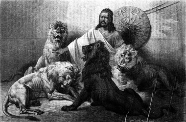 The Emperor (Ras) Theodoros of Abyssinia Surrounded by His Lions. Engraving from the Mid-19th Century. Illustration by Emile Bayard