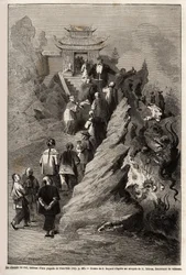 The Way of Heaven, drawing by E.Bayard, based on a painting from a pagoda to Tien Tsin, illustrating the journey from Shanghai to Moscow, from 1859 to 1862, by M.de Bourboulon, Minister of France in China. Engraving in Le tour du monde, edited by Edouard C