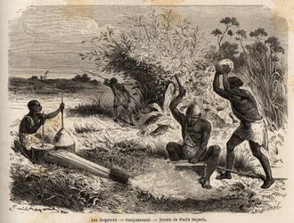 The blacksmiths, in the Ounyamouezi (Great Lakes region, Africa), drawing by Emile Bayard, illustrating the voyage of discovery in Africa, from 1860 to 1863 of Captain Speke. Engraving in Le tour du monde