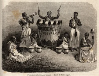 The court orchestra, in the Karague (west of Lake Victoria, present-day Zimbabwe), drawing by Emile Bayard, illustrating Captain Speke