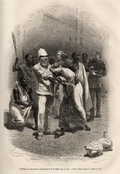The exchange of blood between King Rionga and Sir Baker, after drinking a large amount of banana cider and spending a night watching and fasting, the ceremony takes place, each in turn they cut their forearms and drink a drop of blood, then Rionga Vakil is