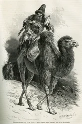 The guide and interpreter of the expedition, Chutun Dzamba, 58 years old, crouched on his camel, he continually mumbled prayers, drawing by Emile Bayard to illustrate the voyage to Mongolia and the land of the Tangutes from 1870 to 1873, by the lieutenant