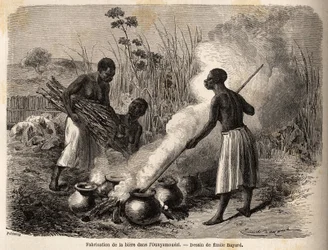 The production of beer, in the Ounyamouezi (Great Lakes region, Africa), drawing by Emile Bayard, illustrating the voyage of discovery in Africa, from 1860 to 1863 of Captain Speke. Engraving in Le tour du monde