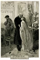 Victor Hugo The Miserables, The Last Gorgee of the Chalice. Illustration by Emile Bayard. The former convict Jean Valjean became old with Cosette and Marius. Engraving of the edition Ollendorff 1906