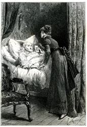 Young woman taking care of an old man dying in his bed under a crucifix hanging from the wall. The dying man holds his last recommendations (will) by hand. Engraving illustrating Jules Sandeau