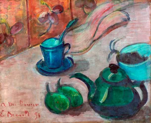 Still life with teapot, cup and fruit. Painting by Emile Bernard, 1890