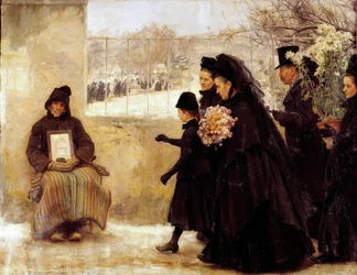 All Saints. A mourning family going to the cemetery gives a coin to an old man asking for alms. Painting by Émile Friant (1863-1932), 1888, H. 2.54 x 3.34 m, Nancy, Musée des Beaux-Arts