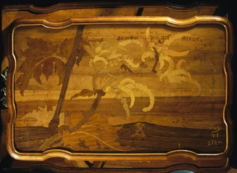 Palm trees by sea, inlaid wooden table top, by Emile Galle, Art nouveau style, France, 20th century