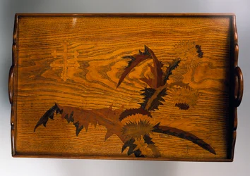 Wooden tray inlaid with thistle decoration, Made by Emile Galle, 40x42 cm, France, 20th century