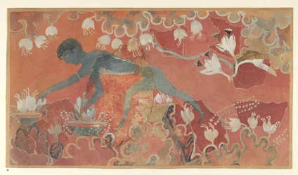 Painting of the Blue Monkey Saffron Gatherer Fresco from the Palace of Minos at Knossos (Evans Fresco Drawing L/3 a), circa 1921 (paper, pigment)