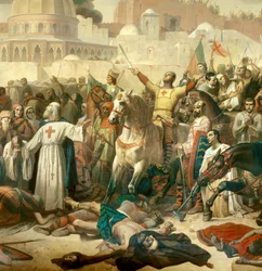 (detail) First Crusade: The Capture of Jerusalem by the Crossings on 15/07/1099. Godefroy de Bouillon Giving Grace to God in the Presence of Peter the Hermit