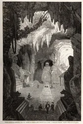 Underground Buddhist temple in marble rocks near Tourane, drawing by Therond, to illustrate the notes of a unique correspondence with Cochinchine. Engraving in Le tour du monde, nouveau journal des voyages Paris
