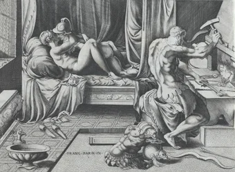 Venus and Mars Embracing as Vulcan Works at His Forge