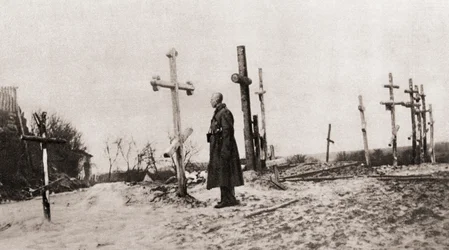 A Russian Soldier at the Grave of a Comrade-in-Arms During World War One, from The Illustrated War News, 1915