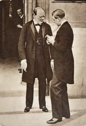 Chatting after a luncheon party at the House of Commons: Mr. Churchill and H.R.H. The Prince of Wales, 1919