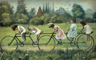 Children on a four-wheeled bicycle