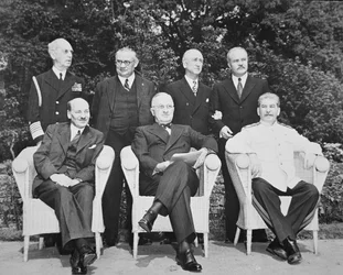 Clement Attlee, President Harry S. Truman, and Joseph Stalin at the Potsdam Conference