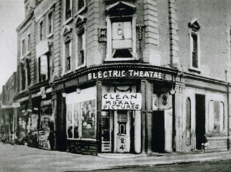 Early Flea-Pit cinema, the Nelson Electric Theatre in the Old Kent Road, showing clean moral pictures