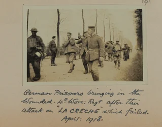 German Prisoners bringing in the wounded, 4th, Worc: Rgt. after their attack on 
