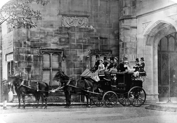Horse-drawn Coach Outside a Neo-Gothic Stately Home, c.1870-90