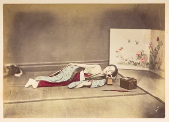 Japanese Woman Sleeping, studio portrait of a young Japanese woman sleeping, one breast exposed and with her head resting on a wooden pillow, Photographer: Unknown, Lucas Collection: Photographic record of the world tour of Charles James and Morton P.