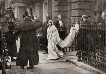 Lady Elizabeth Bowes Lyon on her way to her wedding on April 26, 1923, to H.R.H. The Duke of York, later King George VI, from The Story of Twenty Five Years, published 1935