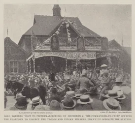 Lord Roberts Visit to Pietermaritzburg on 4 December, the Commander-in-Chief leaving the Platform to inspect the Troops and Indian Bearers, drawn up opposite the Station