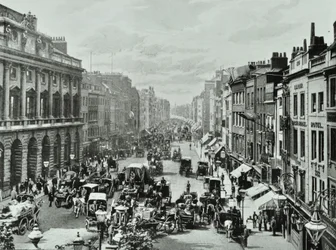 Somerset House, Strand, Westminster: looking west from Saint Mary-le-Strand, 1895