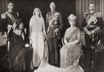 The British Royal Family at the wedding of The Duke and Duchess of York, 1923, from The Story of Twenty Five Years, published 1935